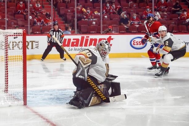 Robin Lehner of the Vegas Golden Knights allows the game-winning goal by Artturi Lehkonen of the Montreal Canadiens past during the first overtime...
