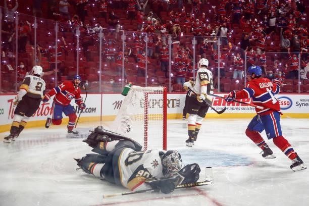 Robin Lehner of the Vegas Golden Knights reacts after allowing the game-winning goal to Artturi Lehkonen of the Montreal Canadiens during the first...