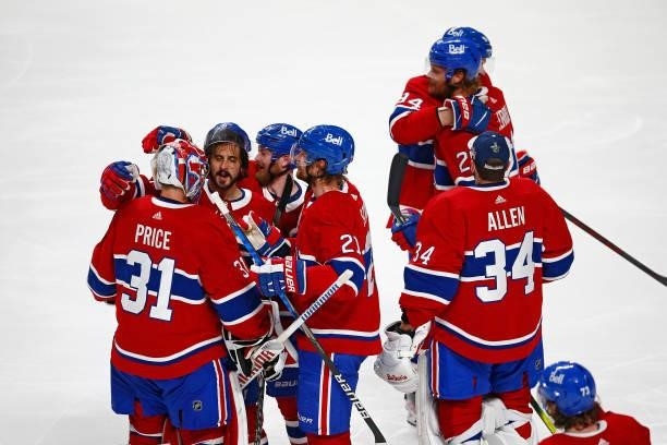 The Montreal Canadiens celebrate the game-winning overtime goal scored by Artturi Lehkonen against the Vegas Golden Knights in Game Six of the...