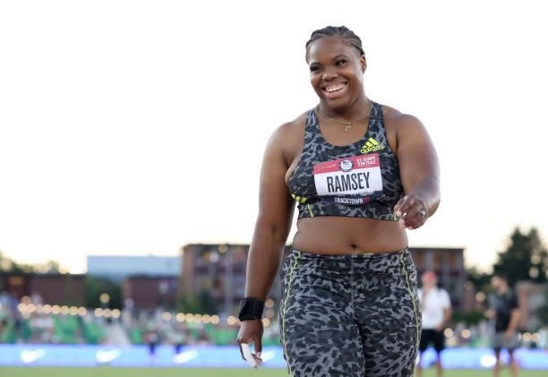 Jessica Ramsey reacts while competing in the Women's Shot Put Finals on day seven of the 2020 U.S. Olympic Track & Field Team Trials at Hayward Field...