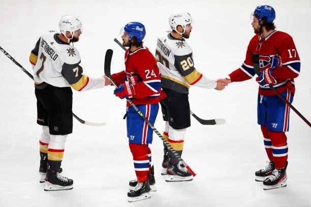 The Vegas Golden Knights and Montreal Canadiens shake hands following the Canadiens 3-2 overtime win in Game Six of the Stanley Cup Semifinals of the...