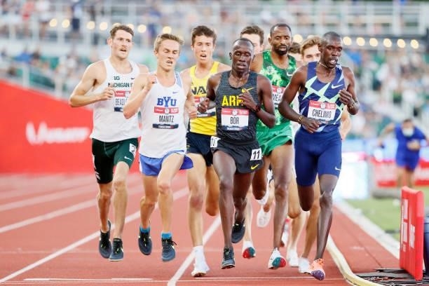 Conner Mantz, Emmanuel Bor and Paul Chelimo compete in the first round of the Men's 5,000 Meter Run on day seven of the 2020 U.S. Olympic Track &...