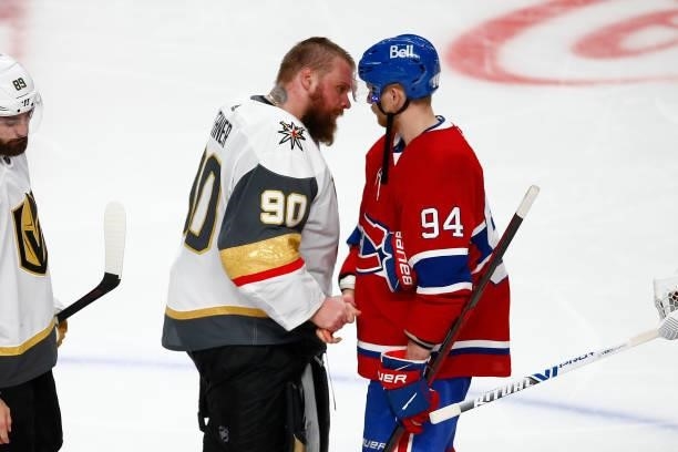Corey Perry of the Montreal Canadiens and Robin Lehner of the Vegas Golden Knights shake hands following the Canadians 3-2 overtime win in Game Six...