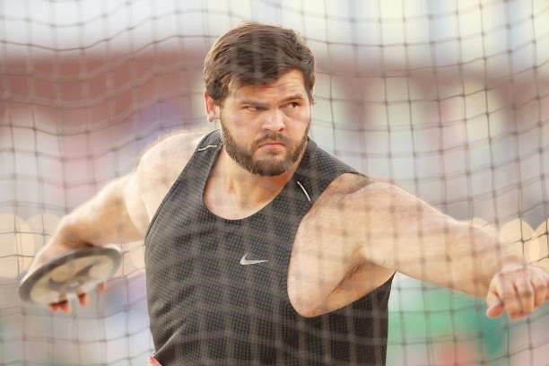 Mason Finley competes in the first round of the Men's Discus on day seven of the 2020 U.S. Olympic Track & Field Team Trials at Hayward Field on June...