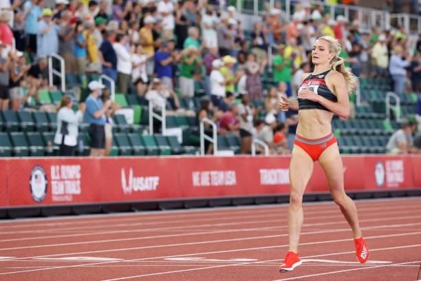 Emma Coburn crosses the finish line in the Women's 3,000 Meter Steeplechase Final on day seven of the 2020 U.S. Olympic Track & Field Team Trials at...