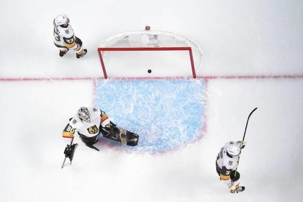 Robin Lehner of the Vegas Golden Knights allows a goal to Shea Weber of the Montreal Canadiens during the first period in Game Six of the Stanley Cup...