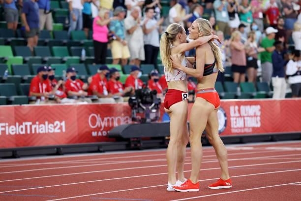 Courtney Frerichs and Emma Coburn hug after competing in the Women's 3,000 Meter Steeplechase Final on day seven of the 2020 U.S. Olympic Track &...