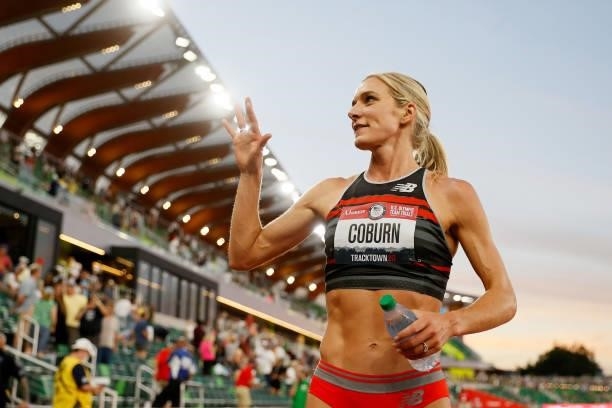 Emma Coburn waves after competing in the Women's 3,000 Meter Steeplechase Final on day seven of the 2020 U.S. Olympic Track & Field Team Trials at...