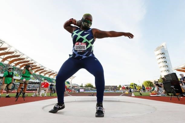 Raven Saunders competes in the Women's Shot Put Finals on day seven of the 2020 U.S. Olympic Track & Field Team Trials at Hayward Field on June 24,...