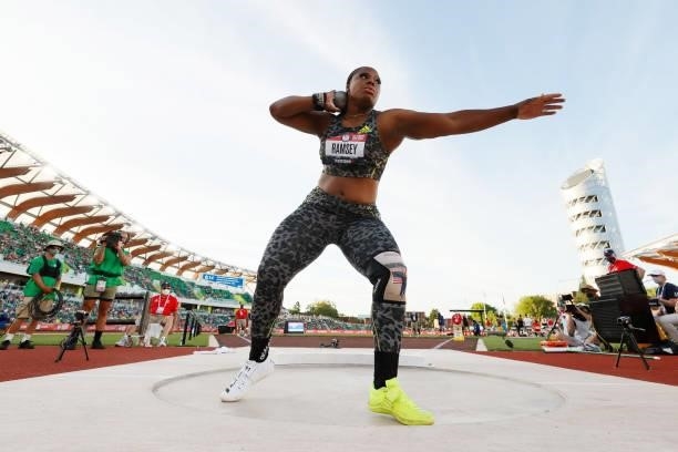 Jessica Ramsey competes in the Women's Shot Put Finals on day seven of the 2020 U.S. Olympic Track & Field Team Trials at Hayward Field on June 24,...