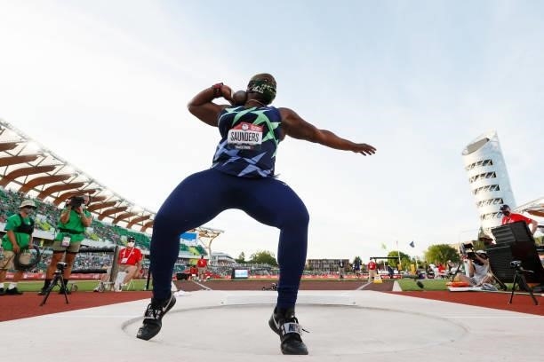 Raven Saunders competes in the Women's Shot Put Finals on day seven of the 2020 U.S. Olympic Track & Field Team Trials at Hayward Field on June 24,...