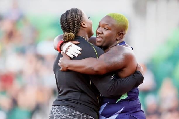 Jessica Ramsey and Raven Saunders hug after competing in the Women's Shot Put Finals on day seven of the 2020 U.S. Olympic Track & Field Team Trials...