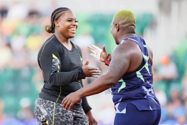 Jessica Ramsey and Raven Saunders react after competing in the Women's Shot Put Finals on day seven of the 2020 U.S. Olympic Track & Field Team...