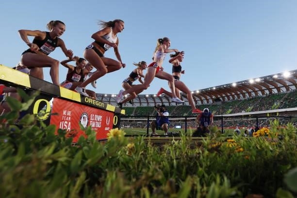 Runners compete in the Women's 3,000 Meter Steeplechase Final on day seven of the 2020 U.S. Olympic Track & Field Team Trials at Hayward Field on...