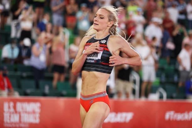 Emma Coburn crosses the finish line in the Women's 3,000 Meter Steeplechase Final on day seven of the 2020 U.S. Olympic Track & Field Team Trials at...