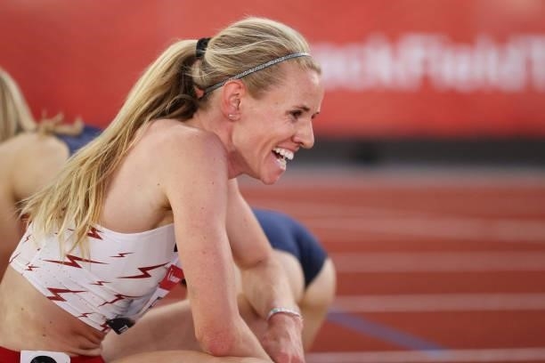 Courtney Frerichs reacts after competing in the Women's 3,000 Meter Steeplechase Final on day seven of the 2020 U.S. Olympic Track & Field Team...