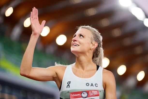 Leah Falland blows a kiss after competing in the Women's 3,000 Meter Steeplechase Final on day seven of the 2020 U.S. Olympic Track & Field Team...