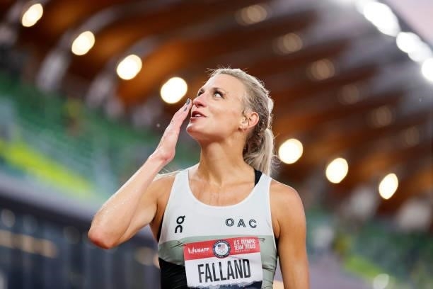 Leah Falland blows a kiss after competing in the Women's 3,000 Meter Steeplechase Final on day seven of the 2020 U.S. Olympic Track & Field Team...
