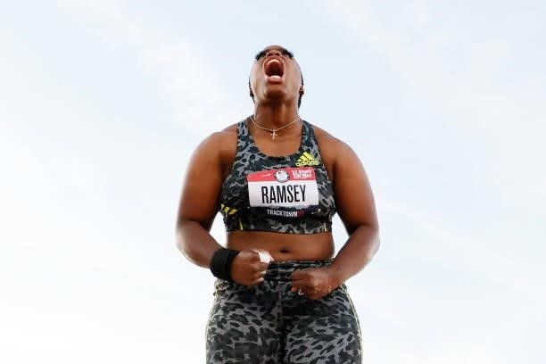 Jessica Ramsey reacts while competing in the Women's Shot Put Finals on day seven of the 2020 U.S. Olympic Track & Field Team Trials at Hayward Field...