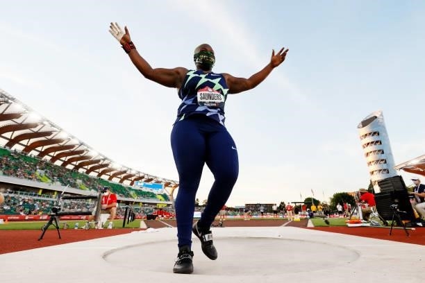 Raven Saunders reacts as she competes in the Women's Shot Put Finals on day seven of the 2020 U.S. Olympic Track & Field Team Trials at Hayward Field...