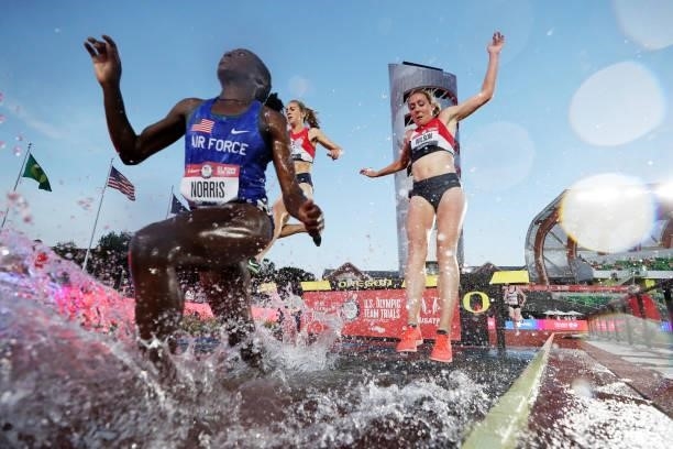 Mahala Norris and Alexina Wilson compete in the Women's 3,000 Meter Steeplechase Final on day seven of the 2020 U.S. Olympic Track & Field Team...