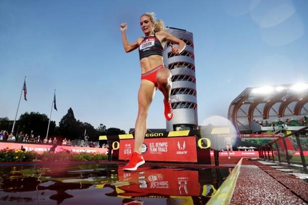 Emma Coburn competes the Women's 3,000 Meter Steeplechase Final on day seven of the 2020 U.S. Olympic Track & Field Team Trials at Hayward Field on...
