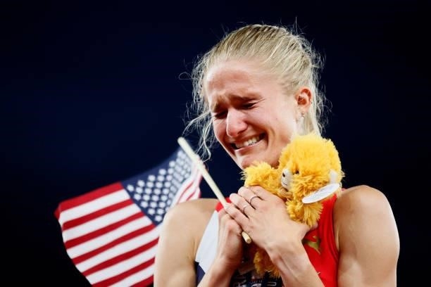 Val Constien reacts after competing in the Women's 3,000 Meter Steeplechase Final on day seven of the 2020 U.S. Olympic Track & Field Team Trials at...