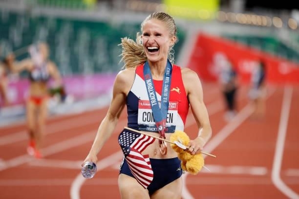 Val Constien reacts after competing in the Women's 3,000 Meter Steeplechase Final on day seven of the 2020 U.S. Olympic Track & Field Team Trials at...