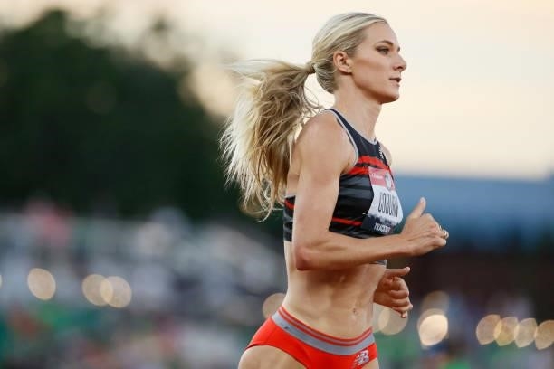 Emma Coburn competes the Women's 3,000 Meter Steeplechase Final on day seven of the 2020 U.S. Olympic Track & Field Team Trials at Hayward Field on...