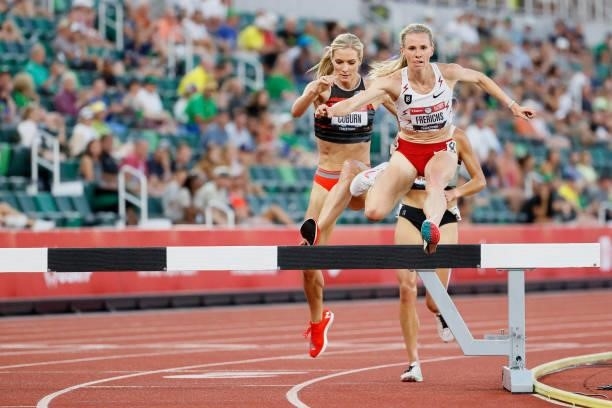 Emma Coburn and Courtney Frerichs compete in the Women's 3,000 Meter Steeplechase Final on day seven of the 2020 U.S. Olympic Track & Field Team...