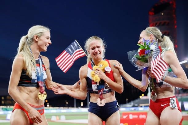 Emma Coburn, Courtney Frerichs and Val Constien celebrate after competing in the Women's 3,000 Meter Steeplechase Final on day seven of the 2020 U.S....