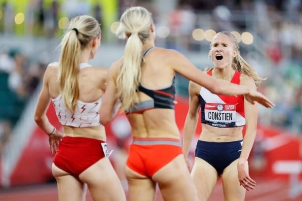Emma Coburn, Courtney Frerichs and Val Constien celebrate after competing in the Women's 3,000 Meter Steeplechase Final on day seven of the 2020 U.S....