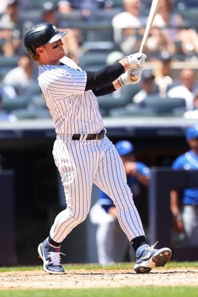 Clint Frazier of the New York Yankees in action against the Kansas City Royals during a game at Yankee Stadium on June 24, 2021 in New York City. The...