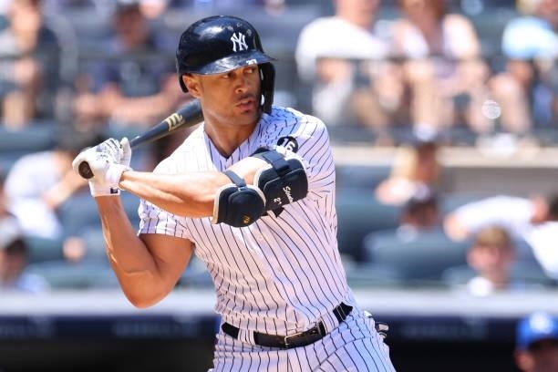 Giancarlo Stanton of the New York Yankees in action against the Kansas City Royals during a game at Yankee Stadium on June 24, 2021 in New York City....