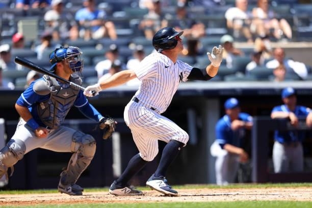 Brett Gardner of the New York Yankees in action against the Kansas City Royals during a game at Yankee Stadium on June 24, 2021 in New York City. The...