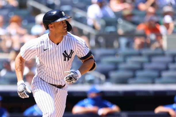 Giancarlo Stanton of the New York Yankees in action against the Kansas City Royals during a game at Yankee Stadium on June 24, 2021 in New York City....