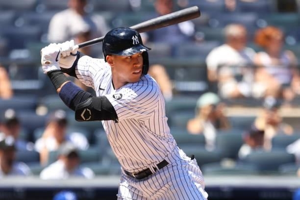 Aaron Judge of the New York Yankees in action against the Kansas City Royals during a game at Yankee Stadium on June 24, 2021 in New York City. The...