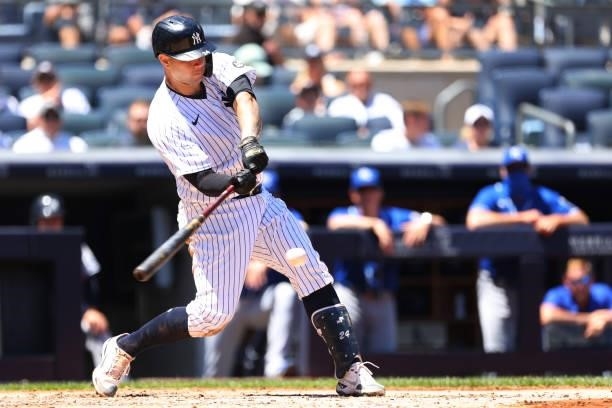 Gary Sanchez of the New York Yankees in action against the Kansas City Royals during a game at Yankee Stadium on June 24, 2021 in New York City. The...