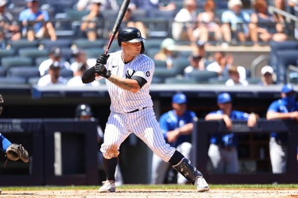 Gary Sanchez of the New York Yankees in action against the Kansas City Royals during a game at Yankee Stadium on June 24, 2021 in New York City. The...