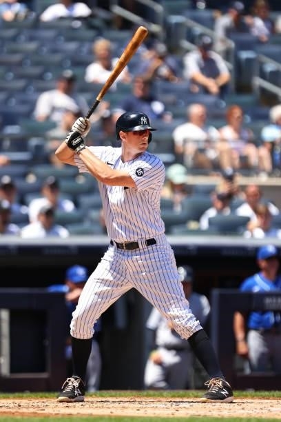 LeMahieu of the New York Yankees in action against the Kansas City Royals during a game at Yankee Stadium on June 24, 2021 in New York City. The...