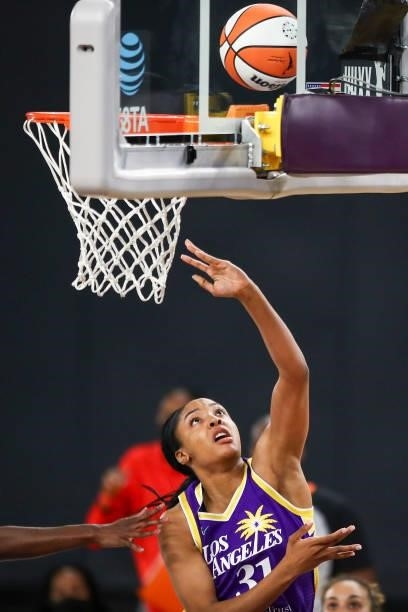 Forward/center Kristine Anigwe of the Los Angeles Sparks shoots in the second half against the Washington Mystics at Los Angeles Convention Center on...