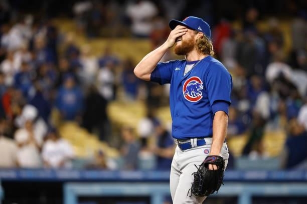 Craig Kimbrel of the Chicago Cubs reacts after throwing a combined no hitter against the Los Angeles Dodgers following the ninth inning at Dodger...