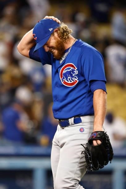 Craig Kimbrel of the Chicago Cubs reacts after throwing a combined no hitter against the Los Angeles Dodgers following the ninth inning at Dodger...