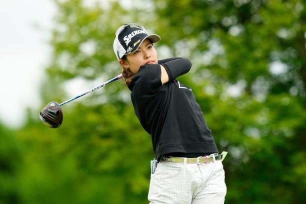 Sae Ogura of Japan hits her tee shot on the 10th hole during the final round of the JLPGA Pro Test at Shizu Hills Country Club on June 25, 2021 in...