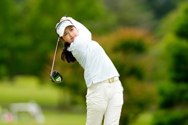 Hana Lee of South Korea hits her tee shot on the 10th hole during the final round of the JLPGA Pro Test at Shizu Hills Country Club on June 25, 2021...