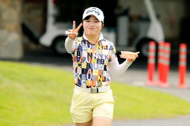 Shuri Sakuma of Japan poses on her way to the 10th tee during the final round of the JLPGA Pro Test at Shizu Hills Country Club on June 25, 2021 in...