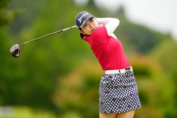 Kotoko Uchida of Japan hits her tee shot on the 10th hole during the final round of the JLPGA Pro Test at Shizu Hills Country Club on June 25, 2021...