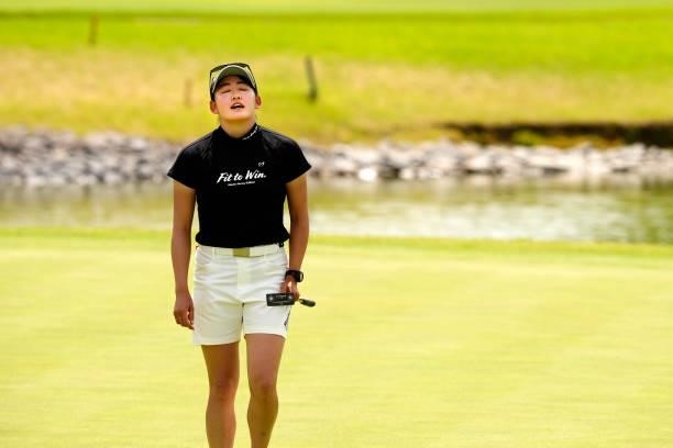 Chisato Iwai of Japan reacts after holing out on the 18th green during the final round of the JLPGA Pro Test at Shizu Hills Country Club on June 25,...