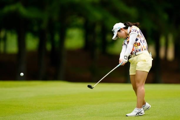 Shuri Sakuma of Japan hits her second shot on the 10th hole during the final round of the JLPGA Pro Test at Shizu Hills Country Club on June 25, 2021...