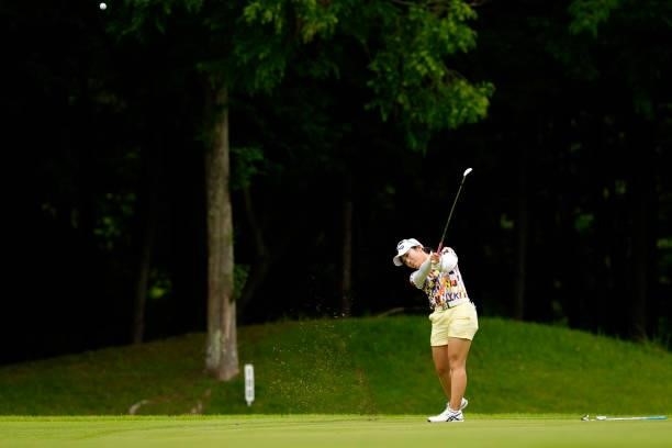 Shuri Sakuma of Japan hits her second shot on the 11th hole during the final round of the JLPGA Pro Test at Shizu Hills Country Club on June 25, 2021...